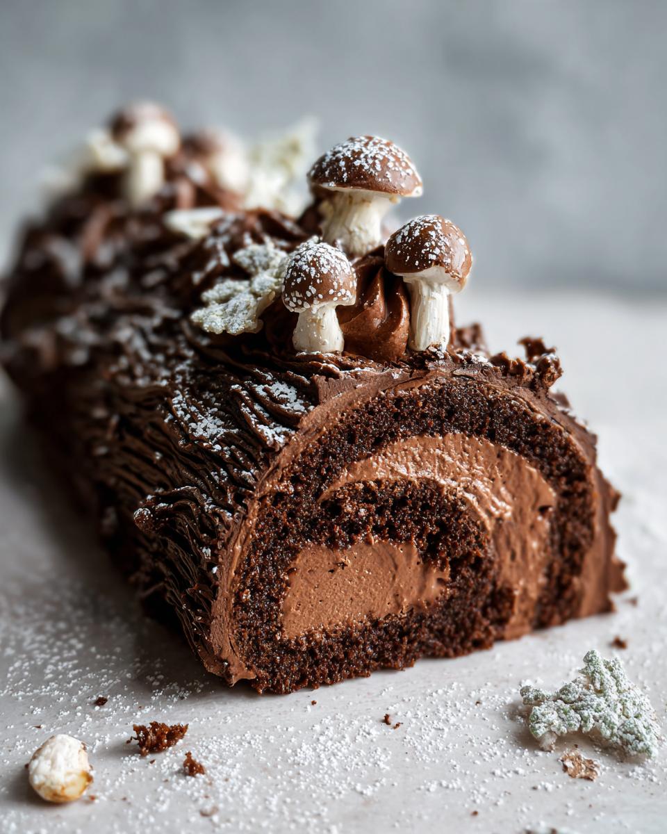 A slice of a decadent chocolate Yule log cake, decorated with chocolate mushrooms and dusted with powdered sugar.