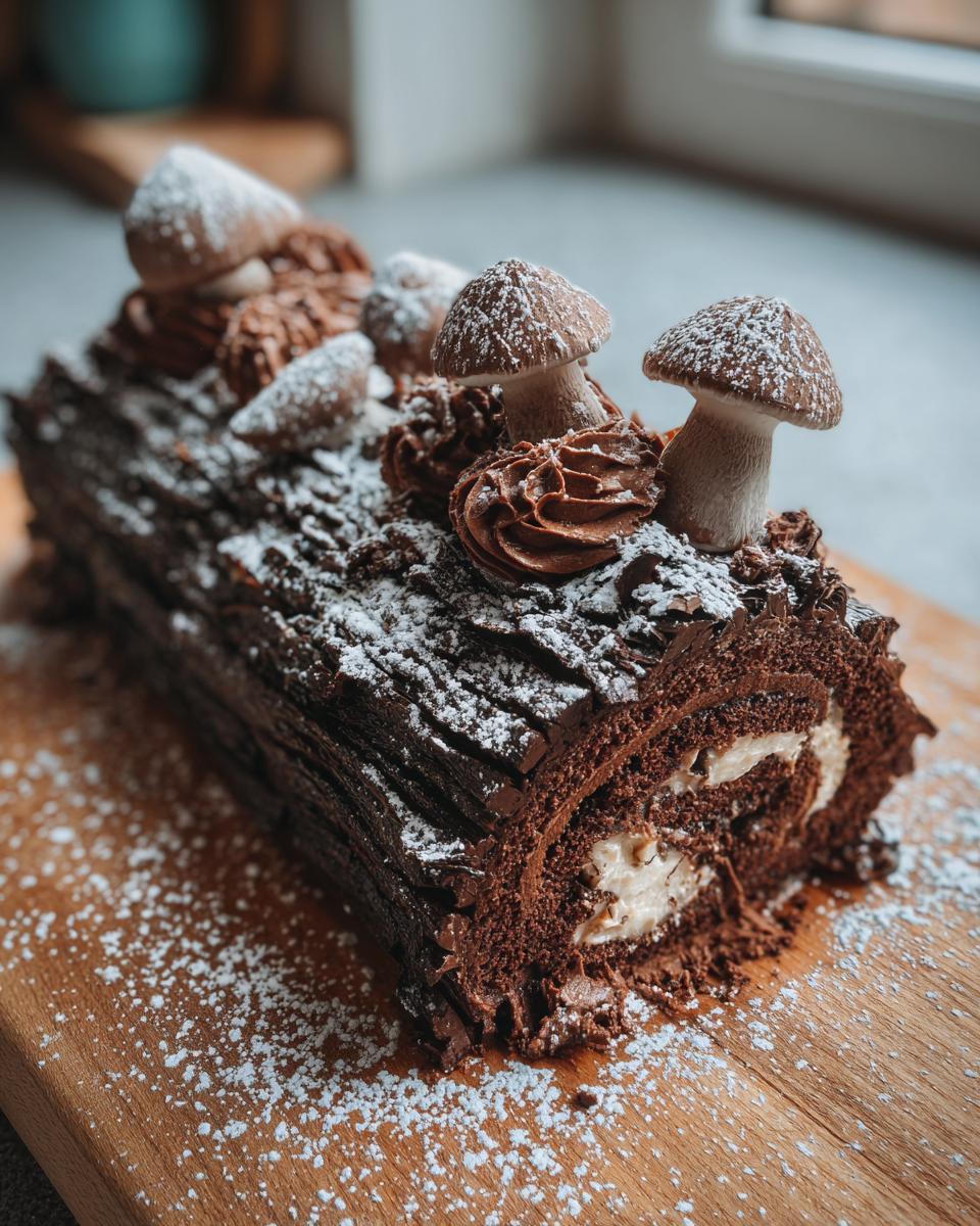 A festive chocolate Yule log cake decorated with chocolate frosting mushrooms and dusted with powdered sugar.
