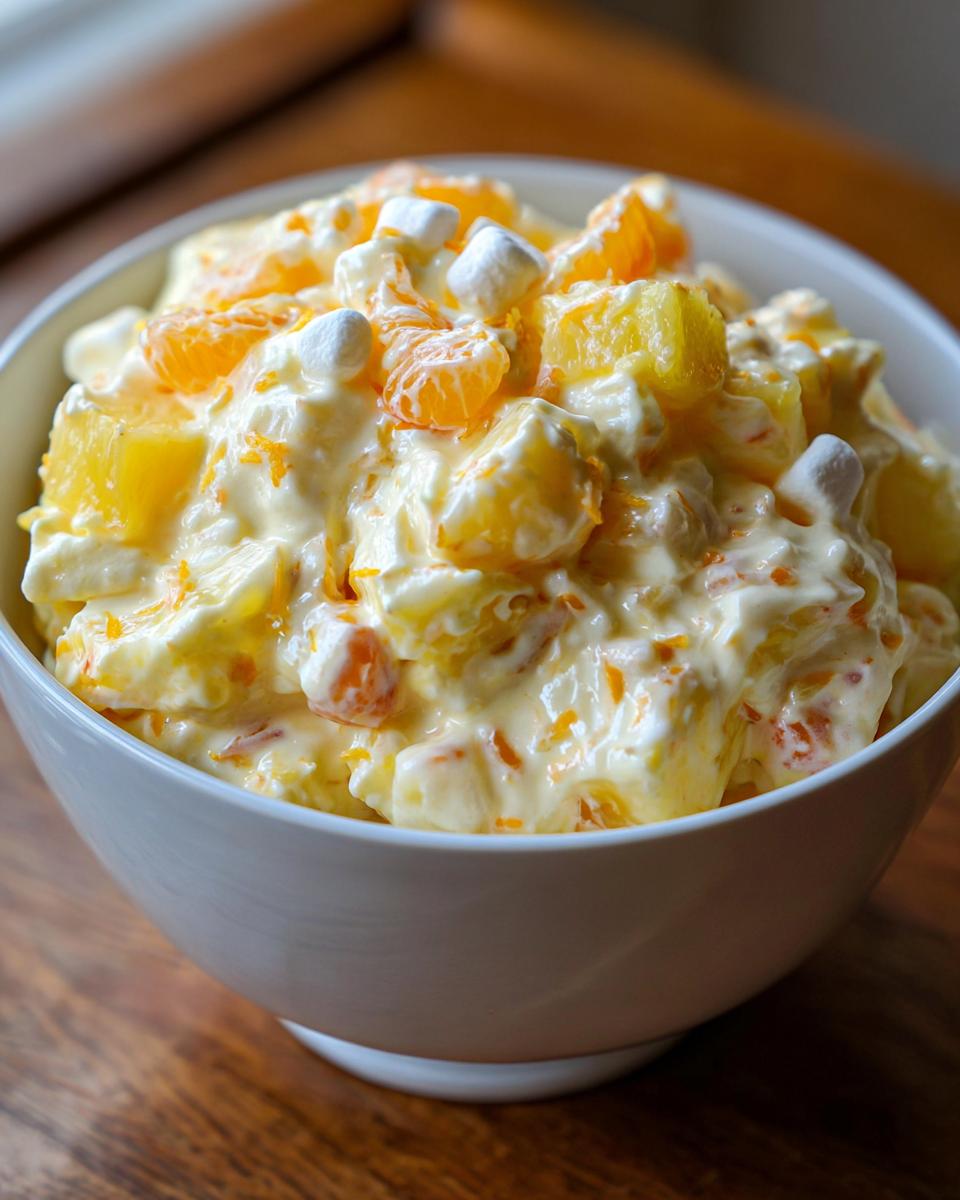 A close-up of a white bowl filled with fluffy ambrosia salad, featuring mandarin oranges, pineapple chunks, and mini marshmallows.