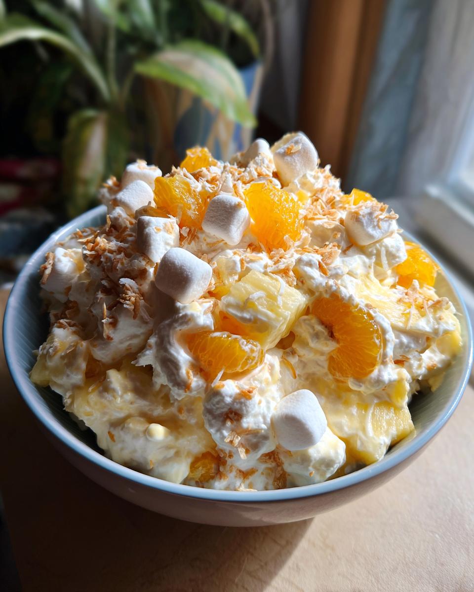 A close-up of a bowl filled with fluffy Ambrosia salad, featuring pineapple chunks, orange slices, mini marshmallows, and toasted coconut.