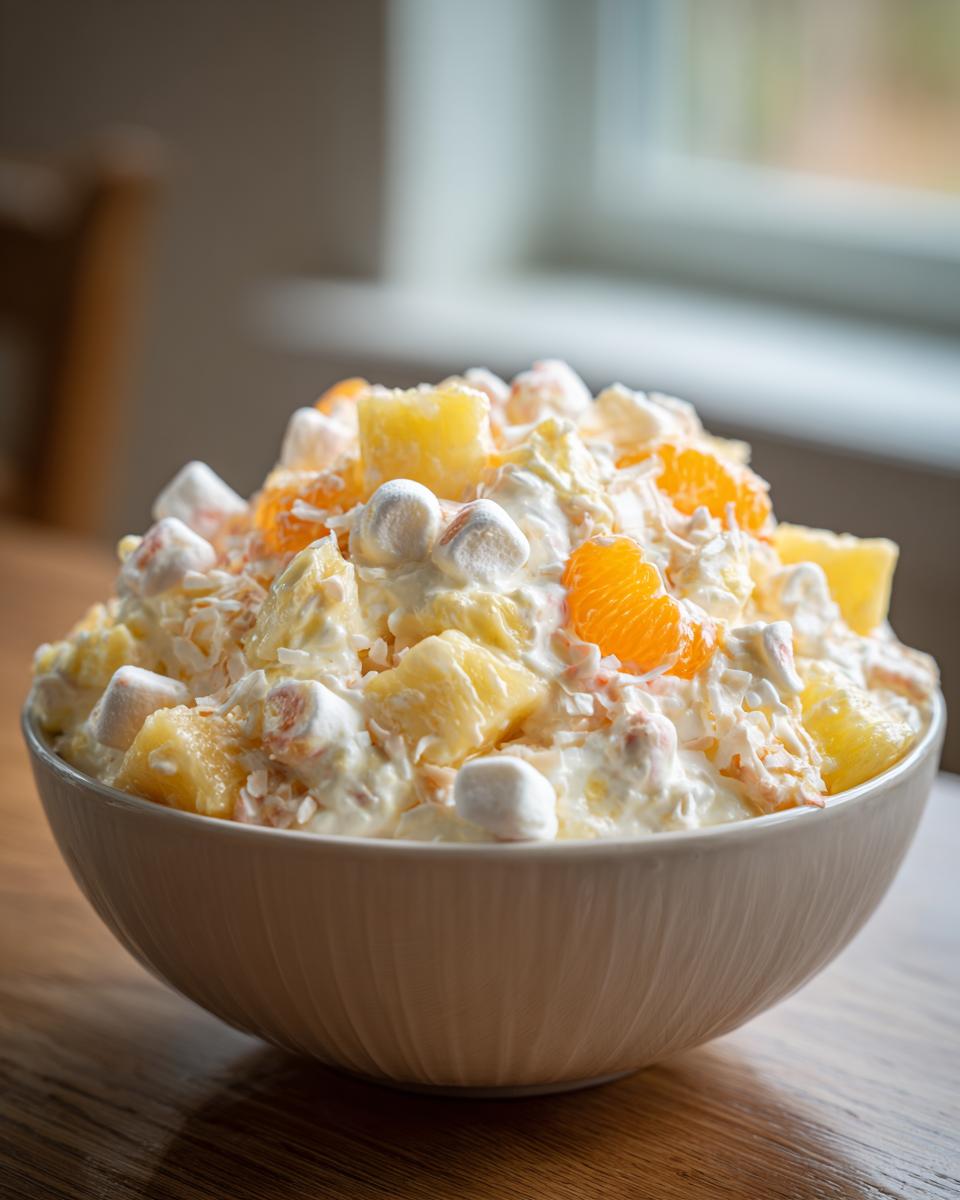 A close-up of a bowl filled with fluffy Ambrosia salad, featuring pineapple chunks, mandarin oranges, marshmallows, and shredded coconut.