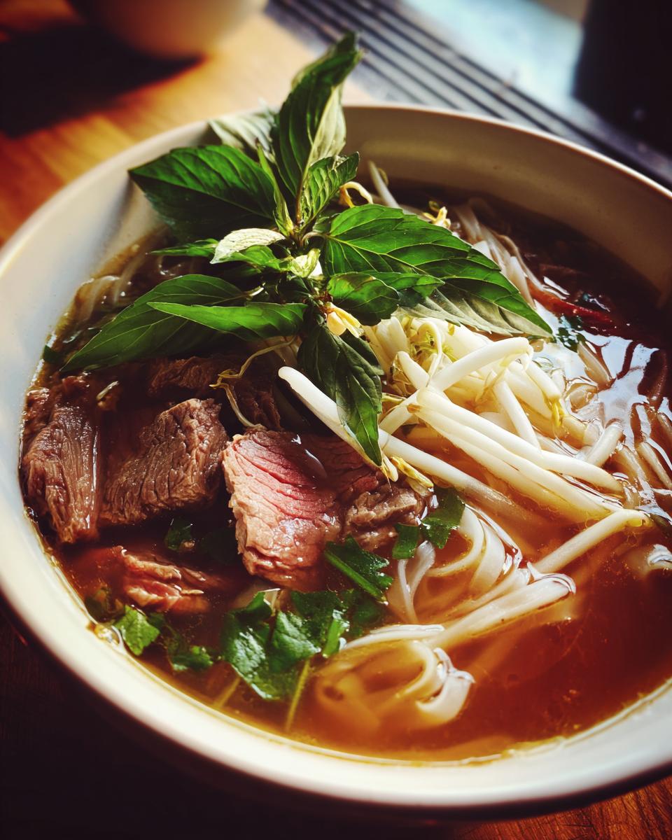 A close-up of a steaming bowl of authentic beef pho, featuring tender slices of beef, rice noodles, bean sprouts, and fresh basil.