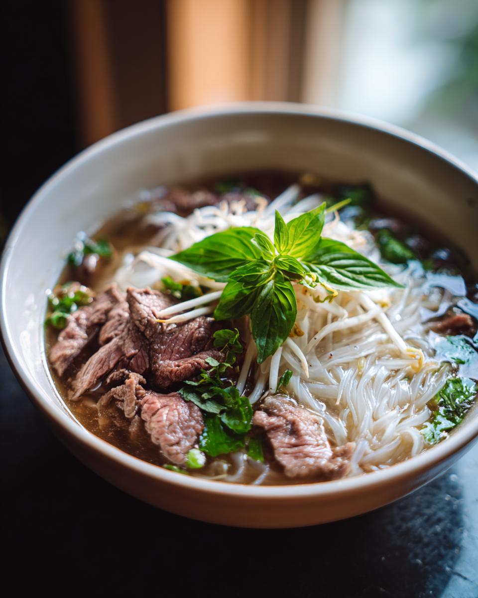 A close-up of a bowl of authentic beef pho, featuring tender slices of beef, rice noodles, bean sprouts, and fresh basil.