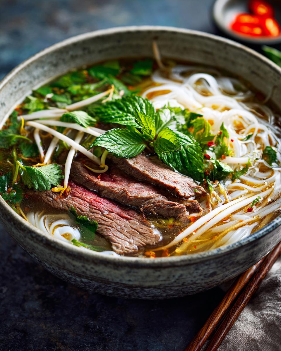 A close-up of a steaming bowl of authentic beef pho, featuring tender slices of beef, rice noodles, bean sprouts, and fresh herbs.