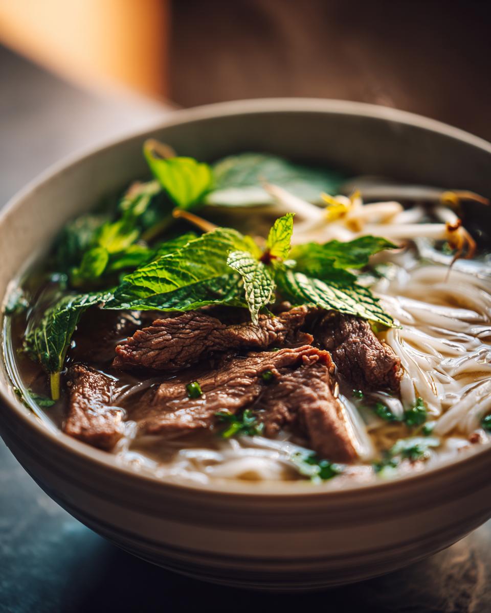 A steaming bowl of authentic beef pho, featuring tender slices of beef, rice noodles, fresh mint, and bean sprouts.