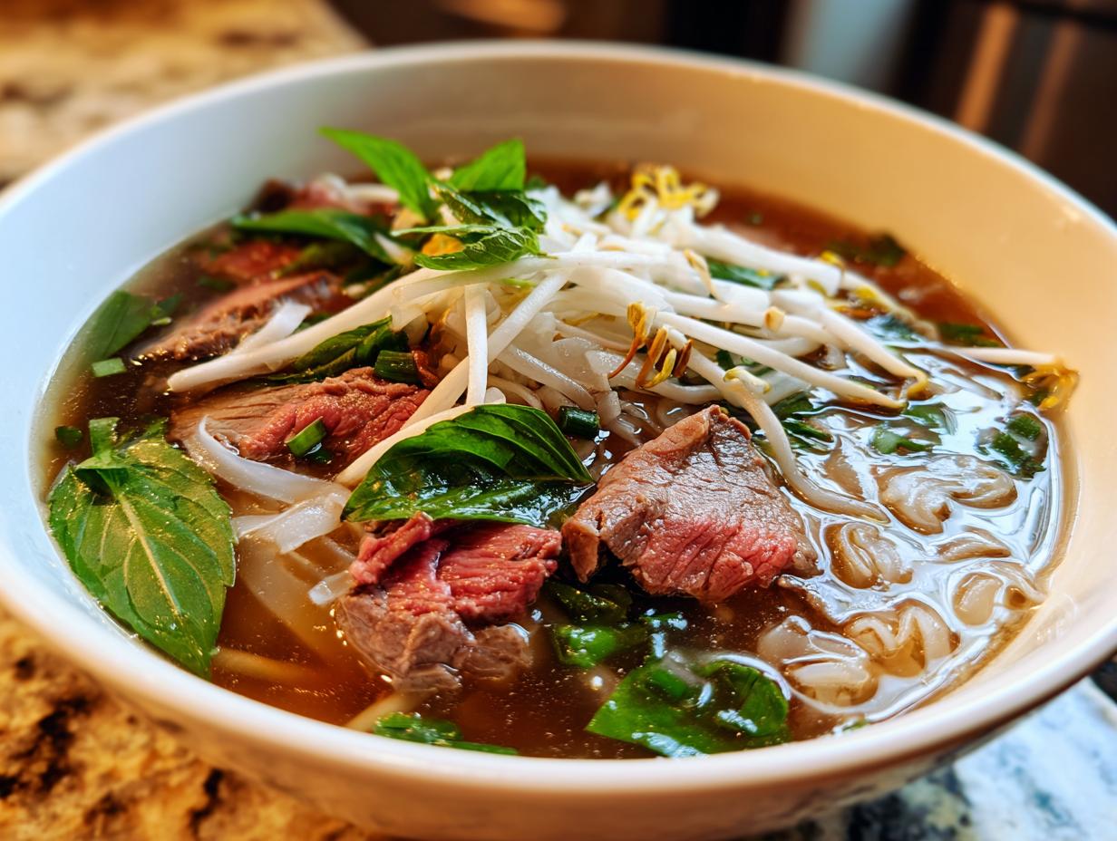 Close-up of a steaming bowl of authentic beef pho, featuring tender beef slices, rice noodles, bean sprouts, and fresh basil.