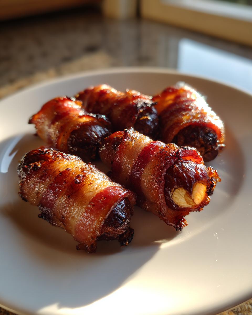 Five crispy, caramelized bacon-wrapped dates, one showing an almond filling, served on a white plate.