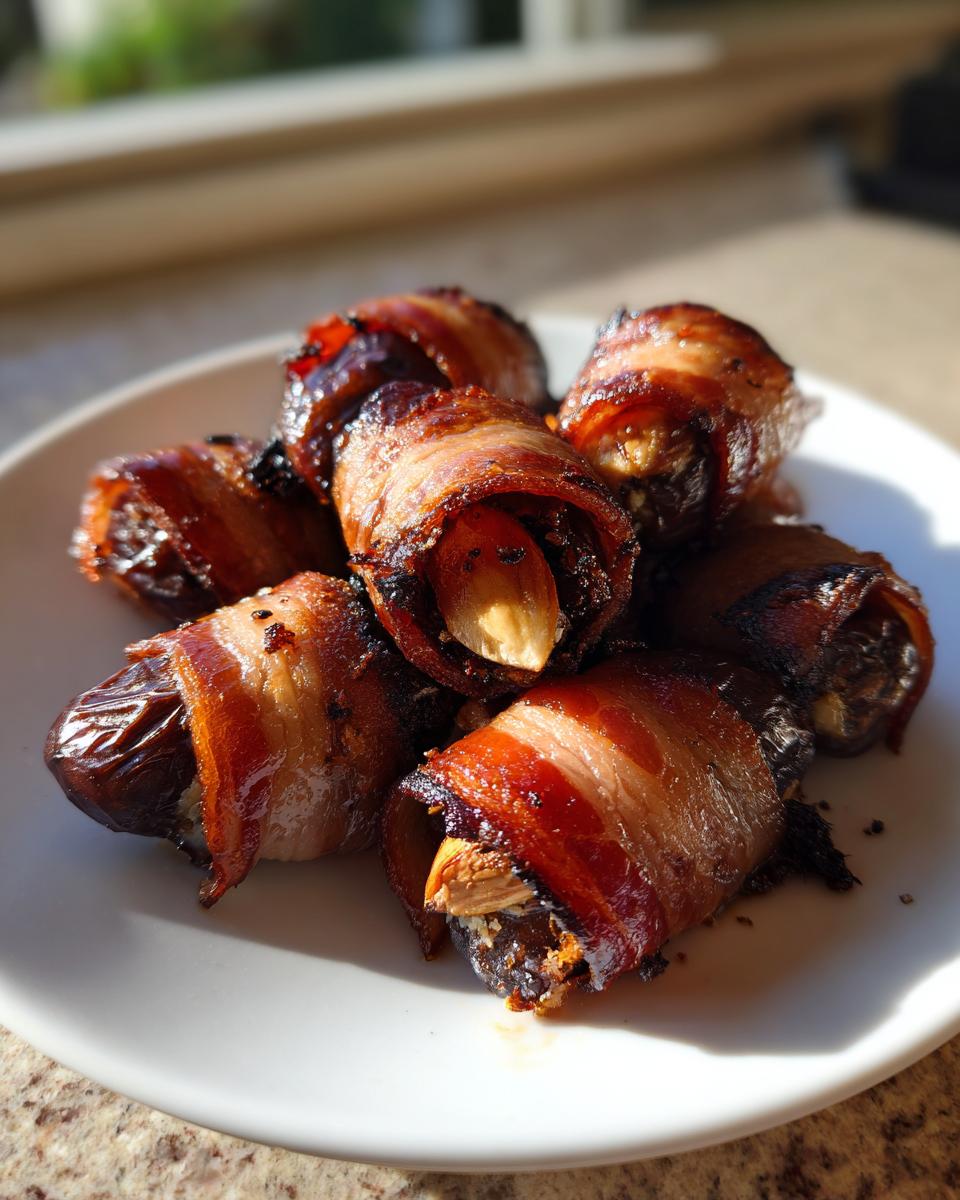 A close-up of several glossy, caramelized bacon-wrapped dates stuffed with almonds, served on a white plate.