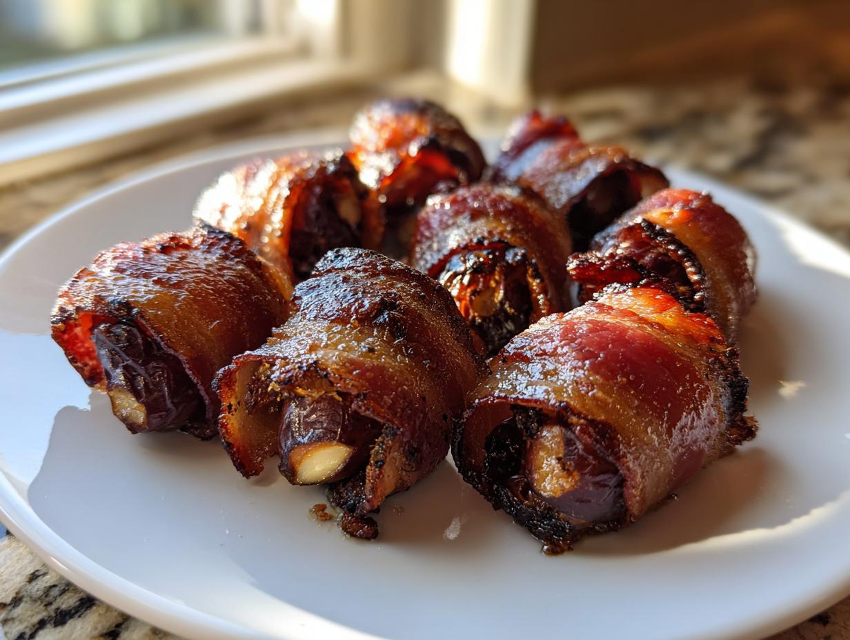 A close-up of several glistening, caramelized bacon-wrapped dates stuffed with an almond, served on a white plate.