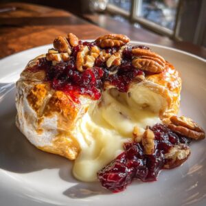 Close-up of a warm baked brie with melted cheese oozing out, topped with cranberry sauce and pecans.