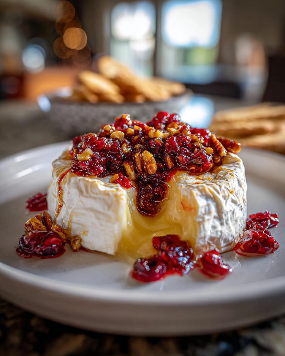 A close-up of a baked brie cheese wheel, oozing with melted cheese and topped with a festive cranberry and pecan mixture.