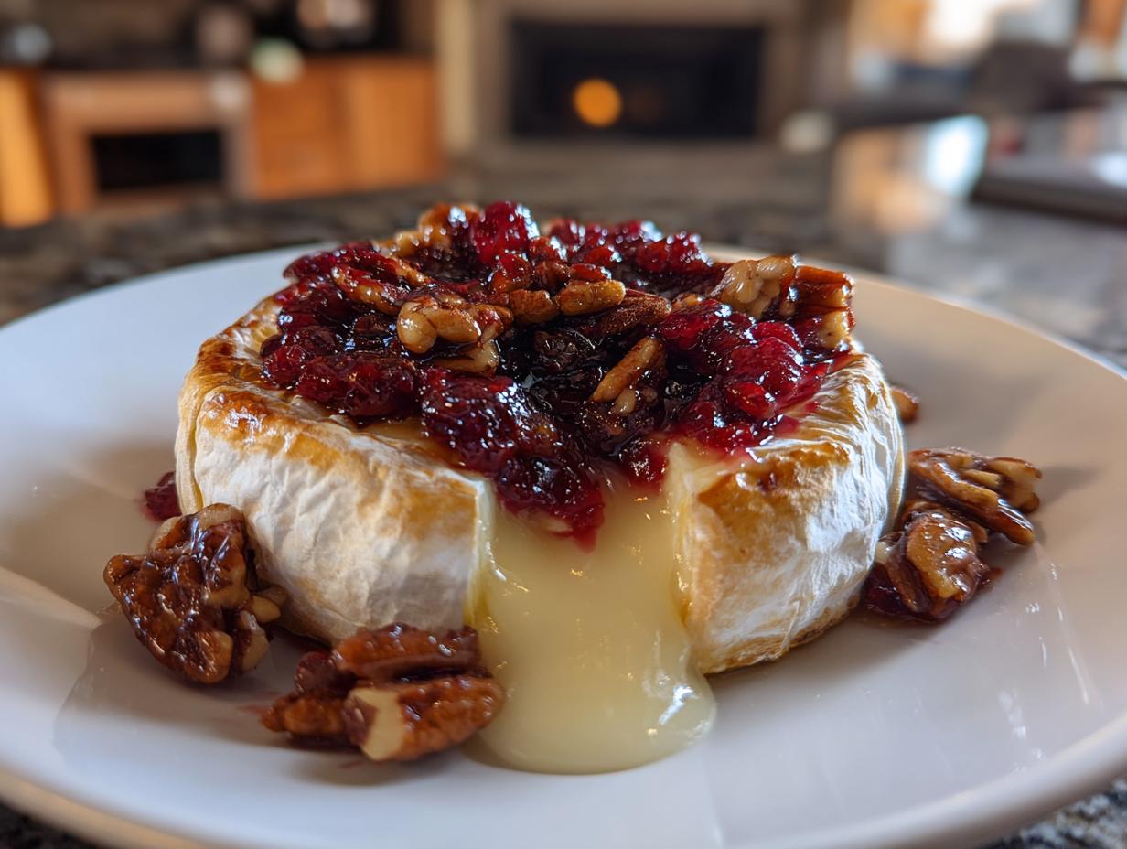 A warm, gooey baked brie topped with cranberries and pecans, with cheese oozing out.