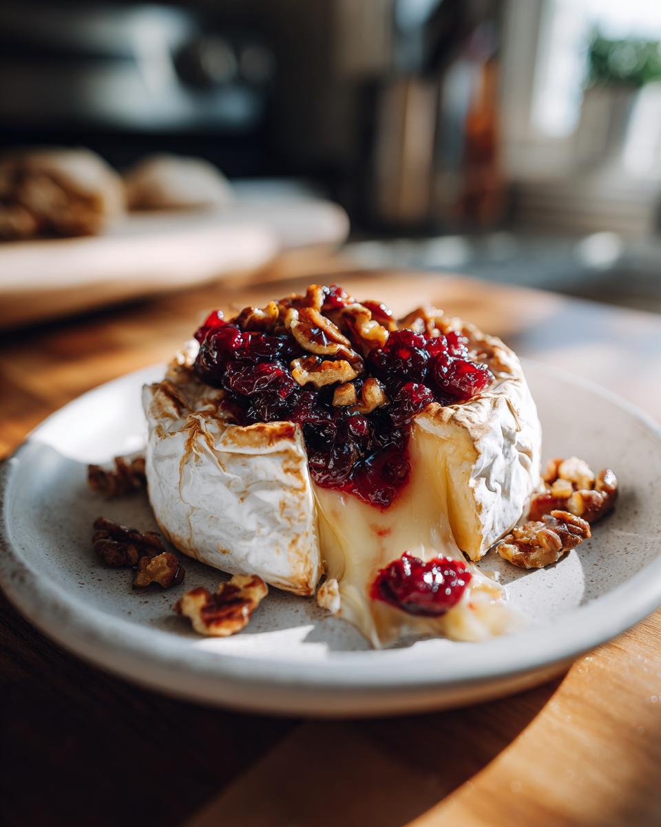 A close-up of a baked brie topped with cranberry sauce and walnuts, with melted cheese oozing out.