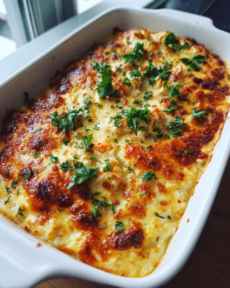 Close-up of a bubbling, golden-brown baked crab dip in a white casserole dish, topped with fresh parsley.