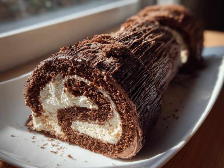 A rich chocolate Bûche de Noël (Yule Log) cake with a creamy white swirl filling, resting on a white platter.