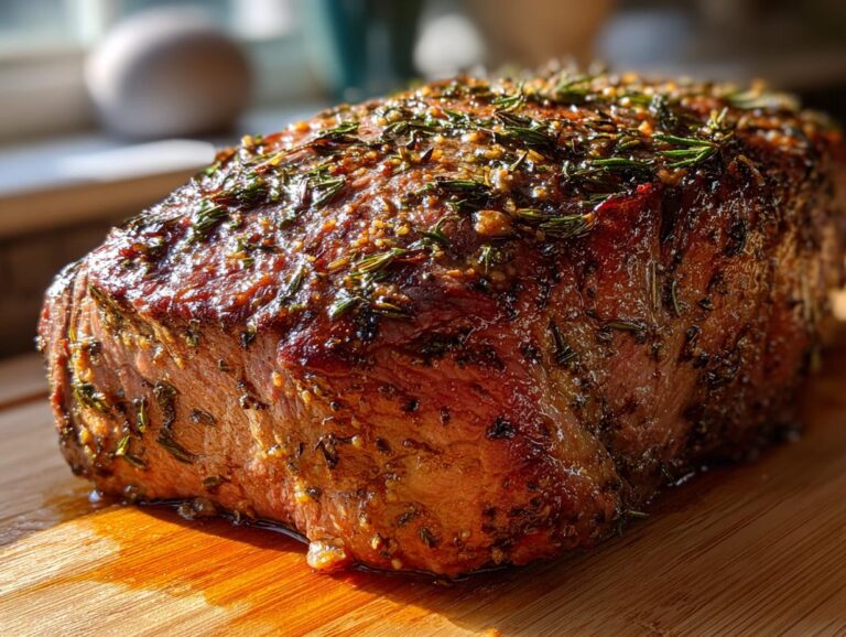 A close-up of a perfectly roasted beef tenderloin, seasoned with rosemary and garlic, resting on a wooden cutting board.