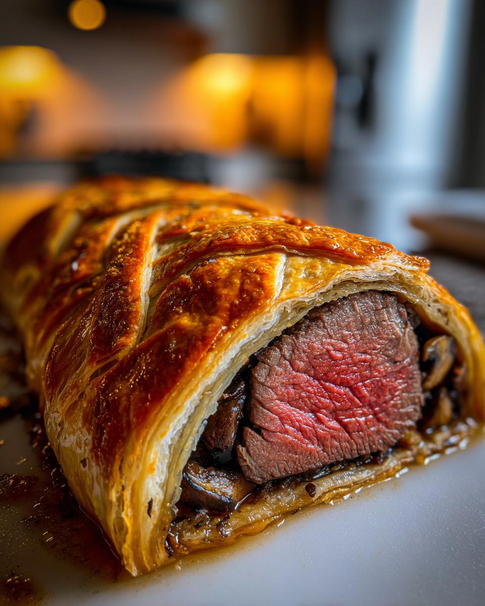Close-up of a perfectly cooked Beef Wellington, showing the flaky pastry and juicy medium-rare beef tenderloin inside.