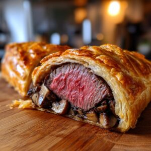 A close-up of a sliced Beef Wellington showing the perfectly medium-rare beef tenderloin, duxelles, and golden puff pastry.