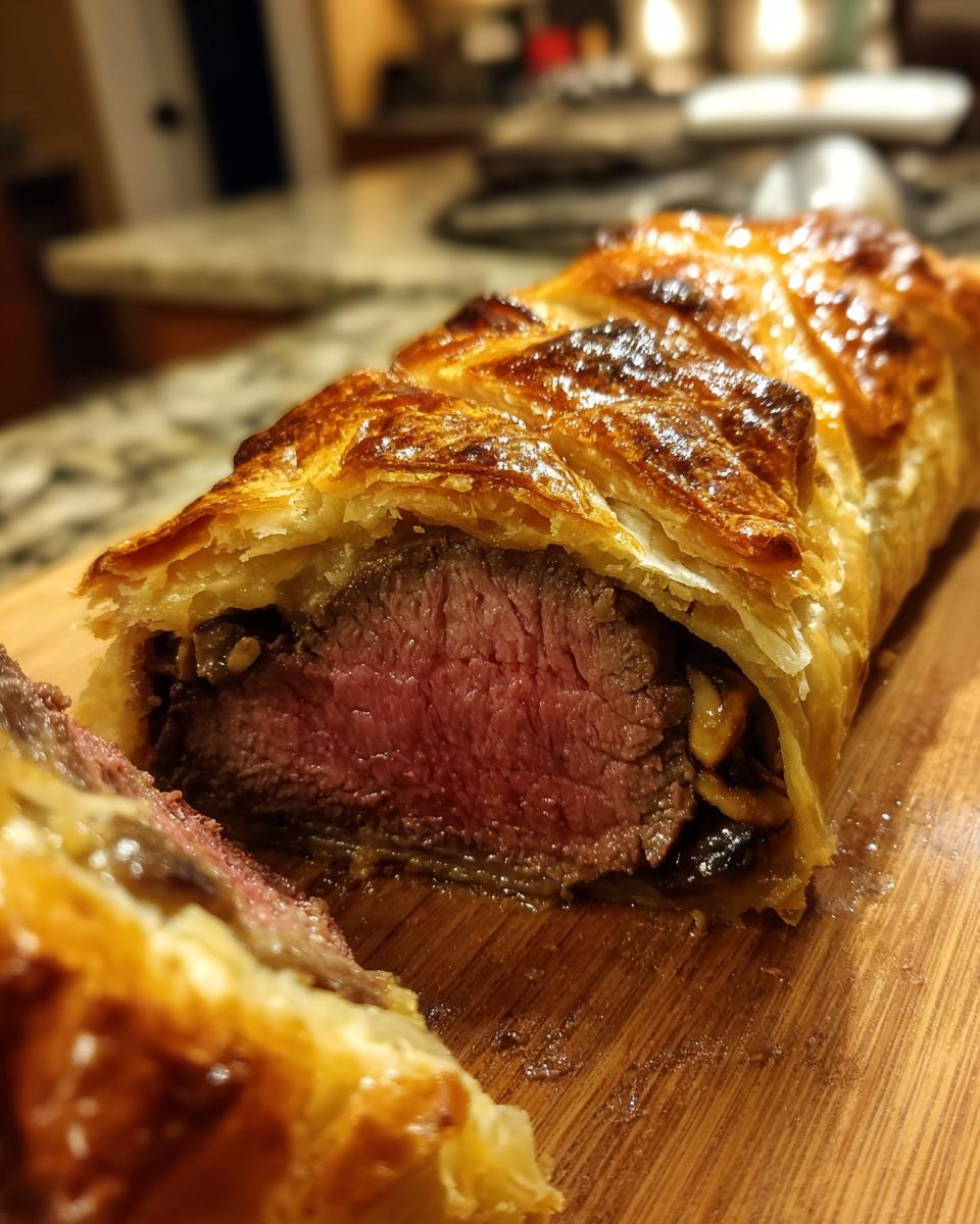 A close-up of a slice of Beef Wellington, showcasing the flaky golden pastry and rare, juicy beef.