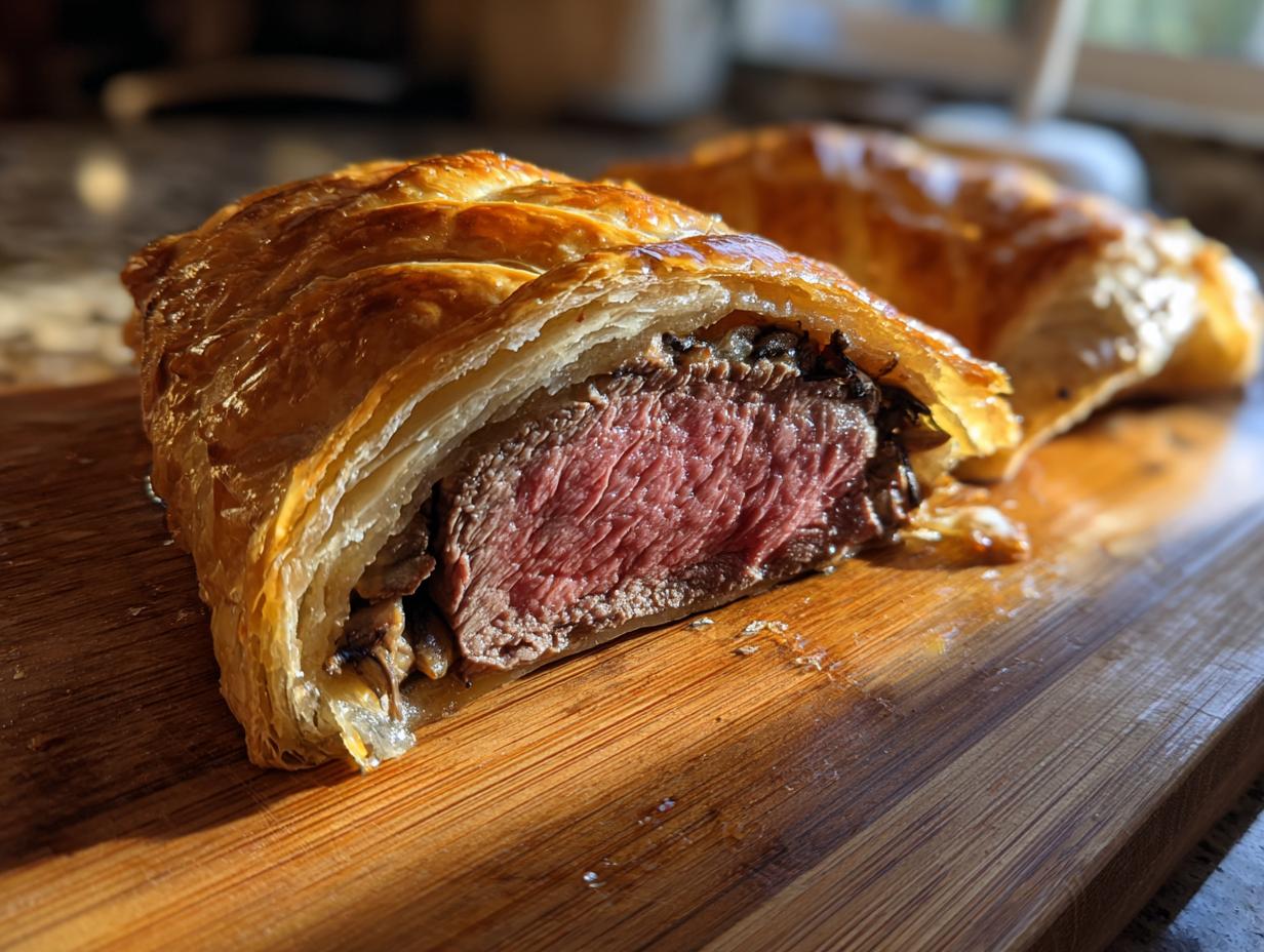 A close-up of a perfectly cooked Beef Wellington slice on a wooden cutting board, showing tender beef and flaky pastry.
