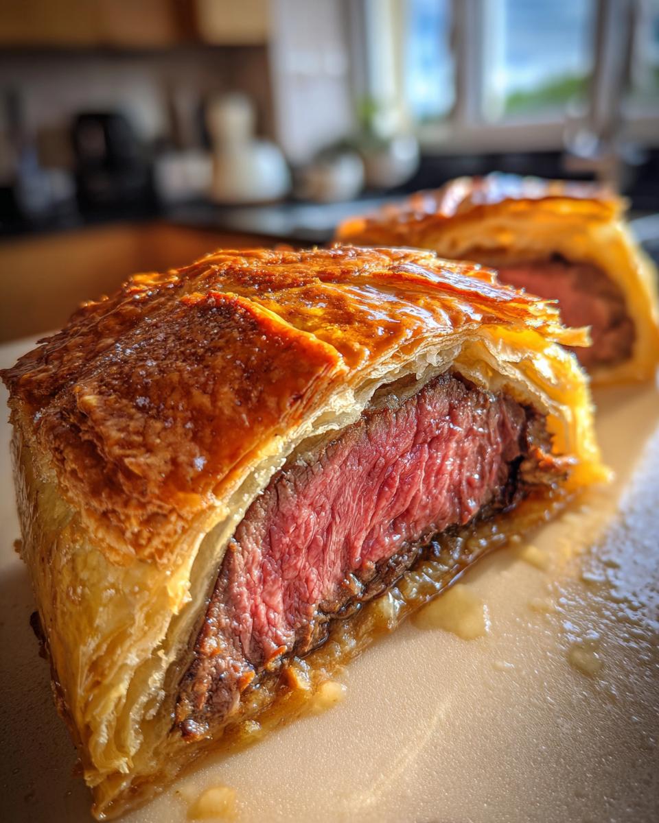 A close-up of a perfectly cooked Beef Wellington slice, showcasing the tender medium-rare beef inside flaky golden pastry.