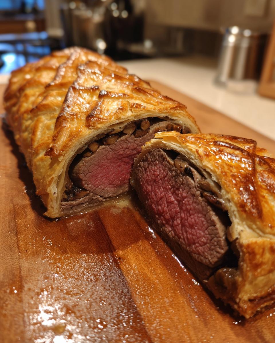 A perfectly cooked Beef Wellington, sliced to reveal a tender, medium-rare beef tenderloin wrapped in golden puff pastry and duxelles.
