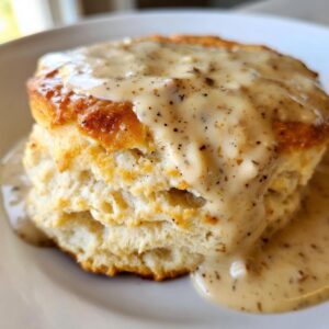 A close-up of fluffy biscuits and gravy, showing the layers of the biscuit and creamy gravy with pepper.