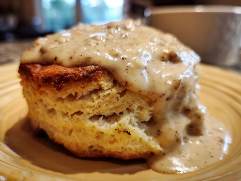 A close-up of a fluffy biscuit generously topped with creamy biscuits and gravy.