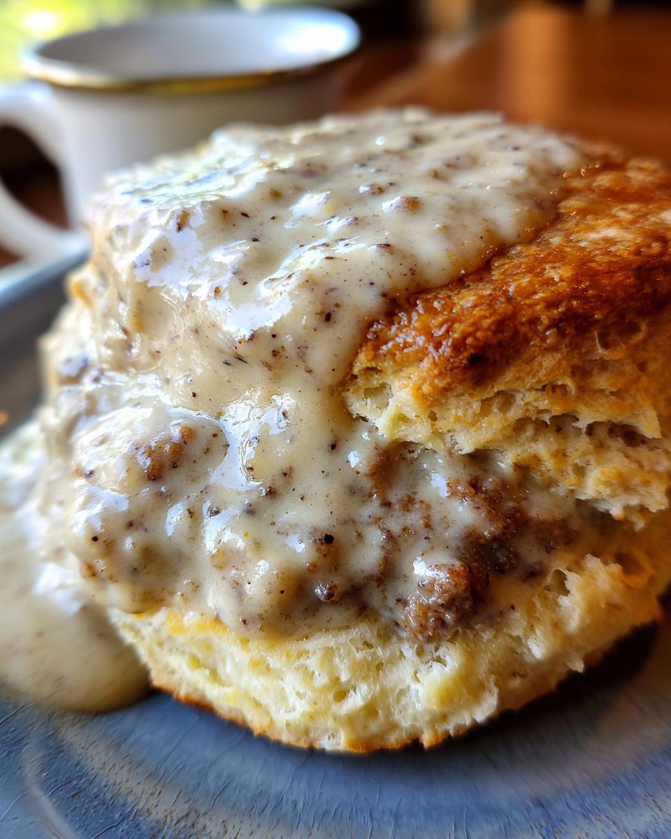 A stack of fluffy biscuits smothered in creamy sausage gravy, a classic biscuits and gravy dish.