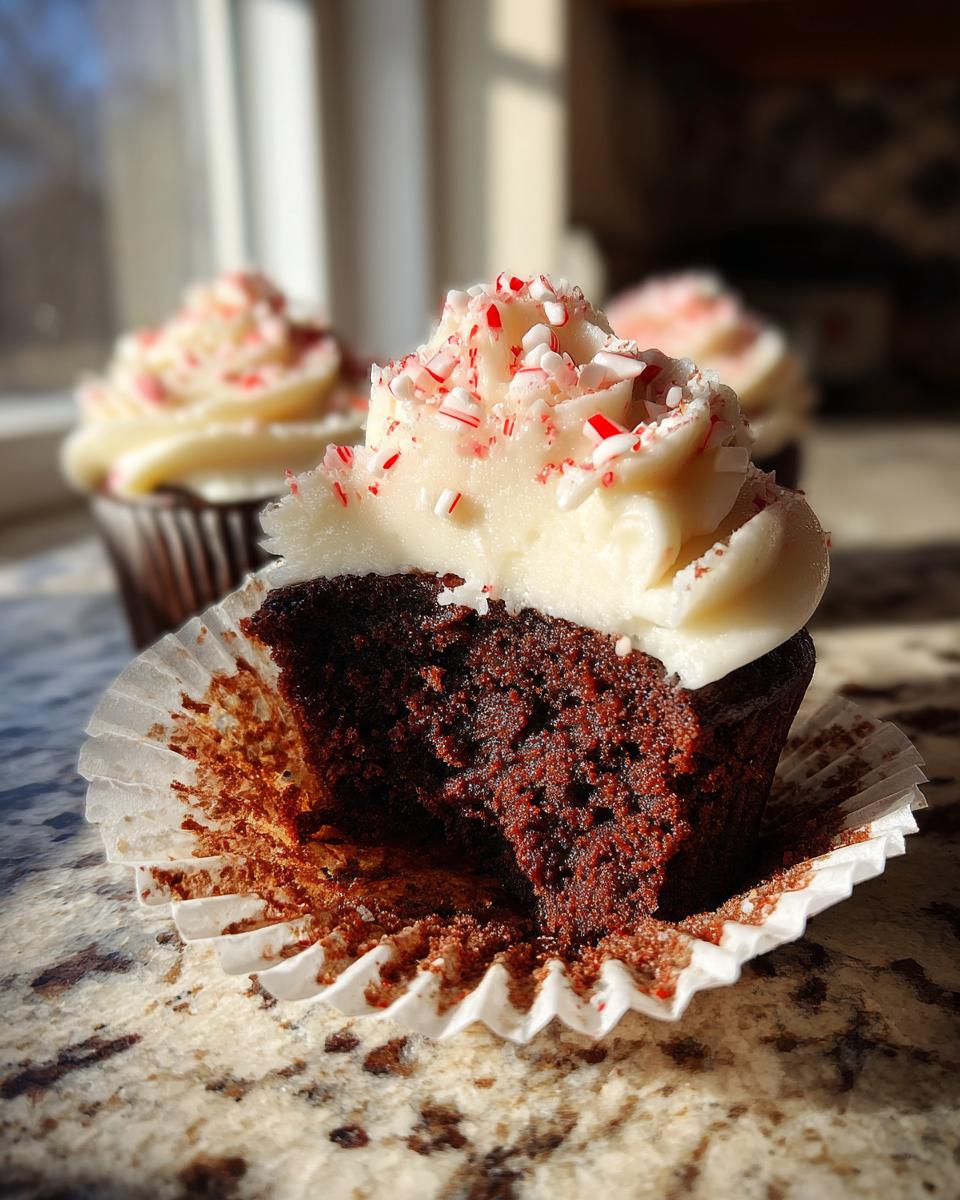 Close-up of a bitten Peppermint mocha cupcake showing rich chocolate cake and white frosting topped with crushed candy canes.