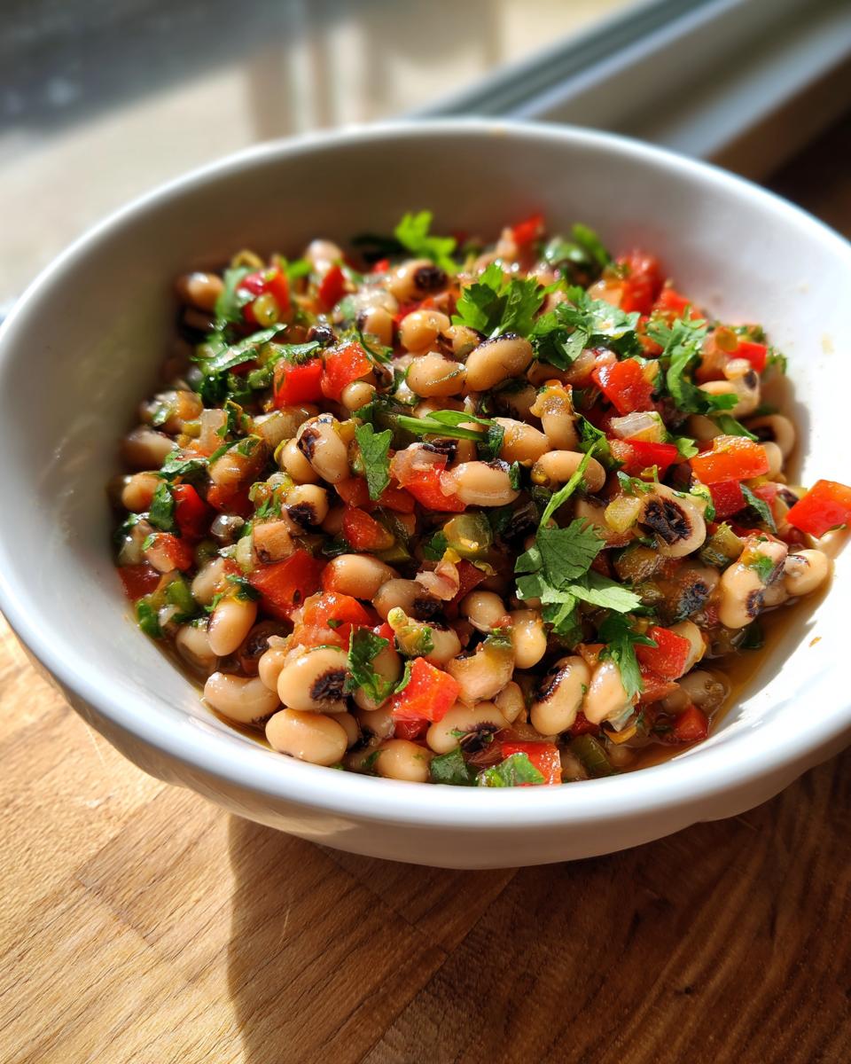 Close-up of a vibrant Black-eyed pea salad mixed with diced red peppers and fresh cilantro in a white bowl.