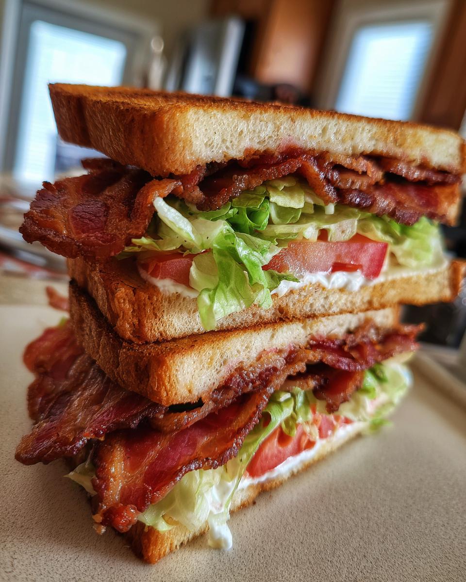 A tall, stacked BLT sandwich with crispy bacon, fresh lettuce, and ripe tomatoes on toasted bread.