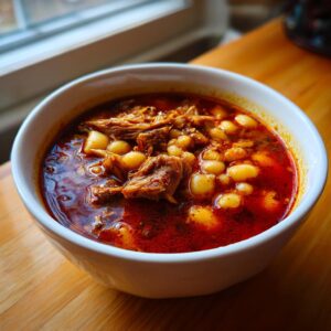 Close-up of a white bowl filled with steaming Pozole rojo, showing hominy and shredded meat in a deep red broth.