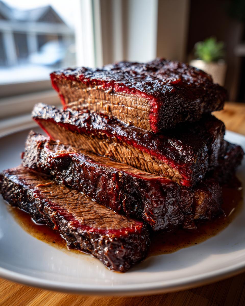 Stack of thick, juicy slices of braised brisket showing a deep red smoke ring and dark bark.