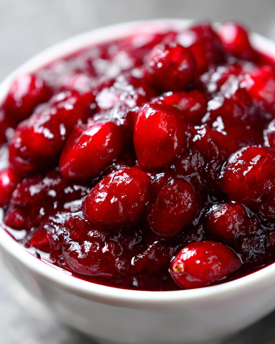 Close-up of vibrant, glossy cranberry sauce in a white bowl, featuring whole cranberries and a rich texture.