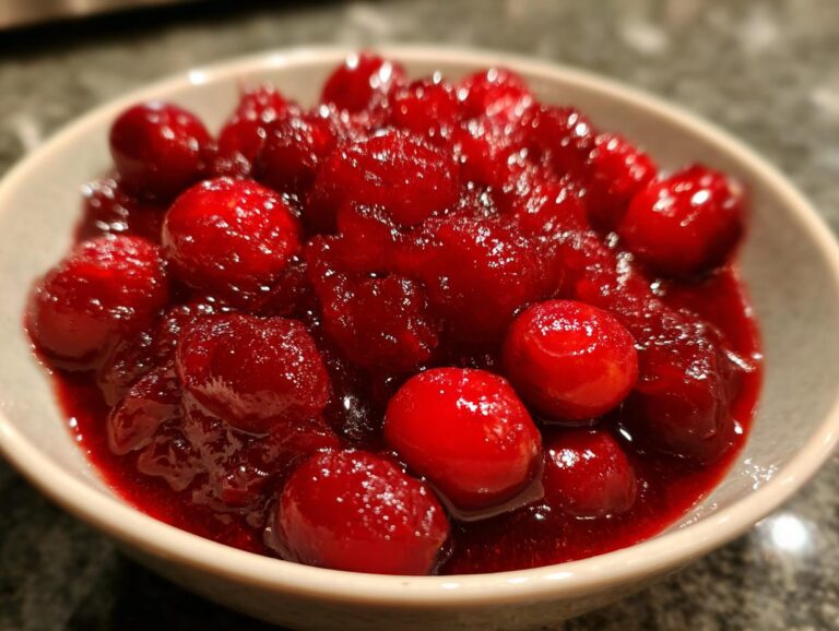 Close-up of a bowl filled with glistening, bright cranberry sauce, showcasing whole cranberries.