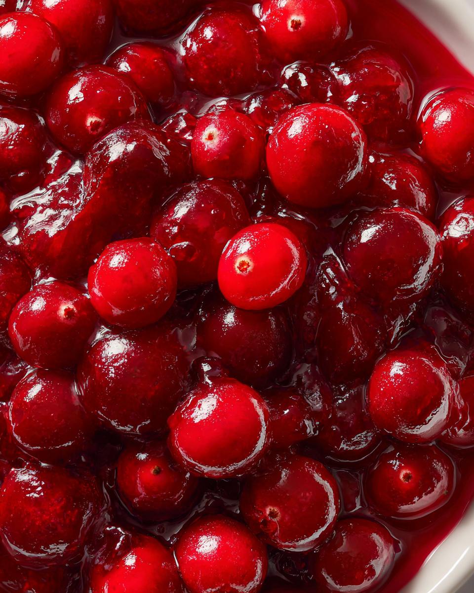 A vibrant, close-up view of homemade cranberry sauce with whole cranberries glistening in the sauce.