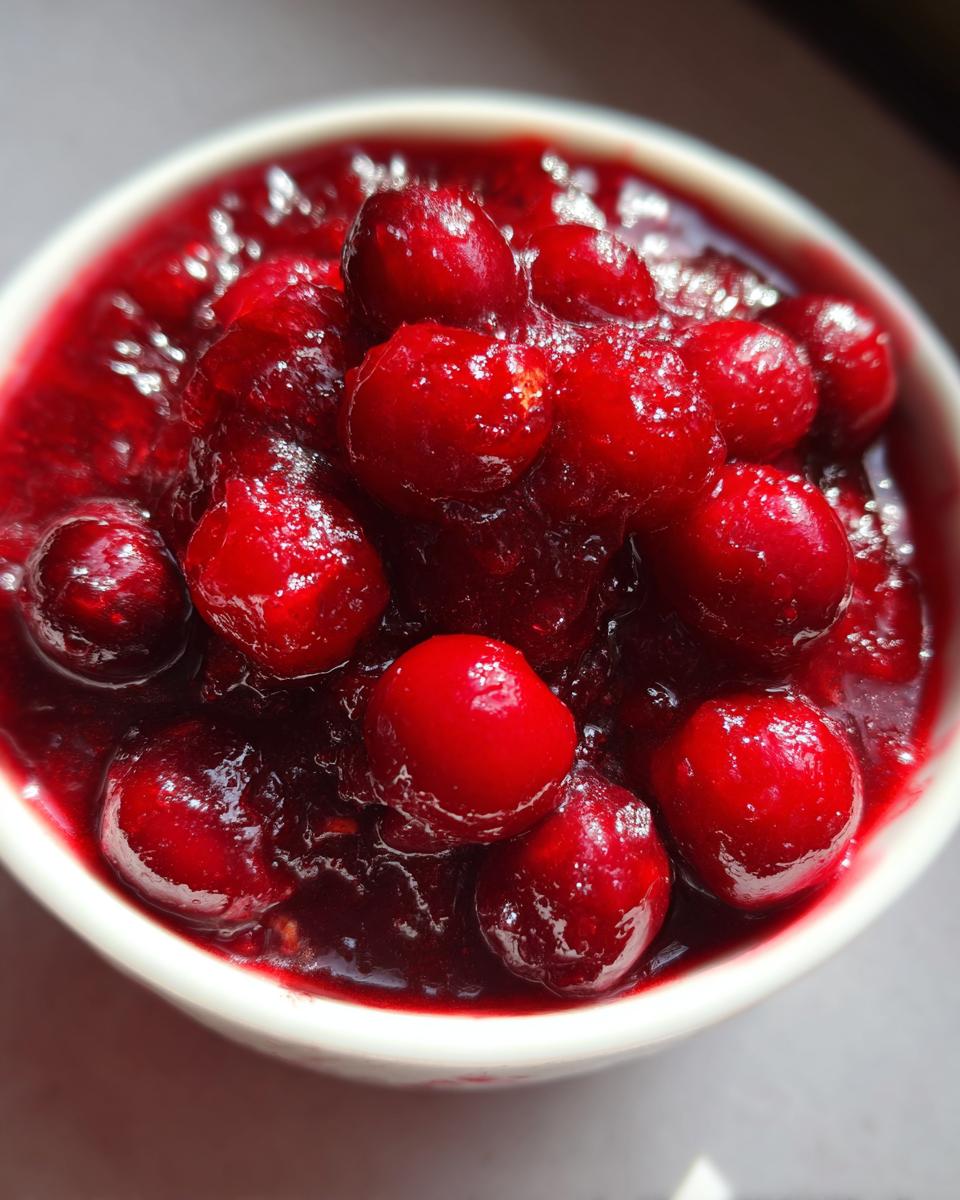 Close-up of bright red cranberry sauce in a white bowl, featuring whole cranberries.
