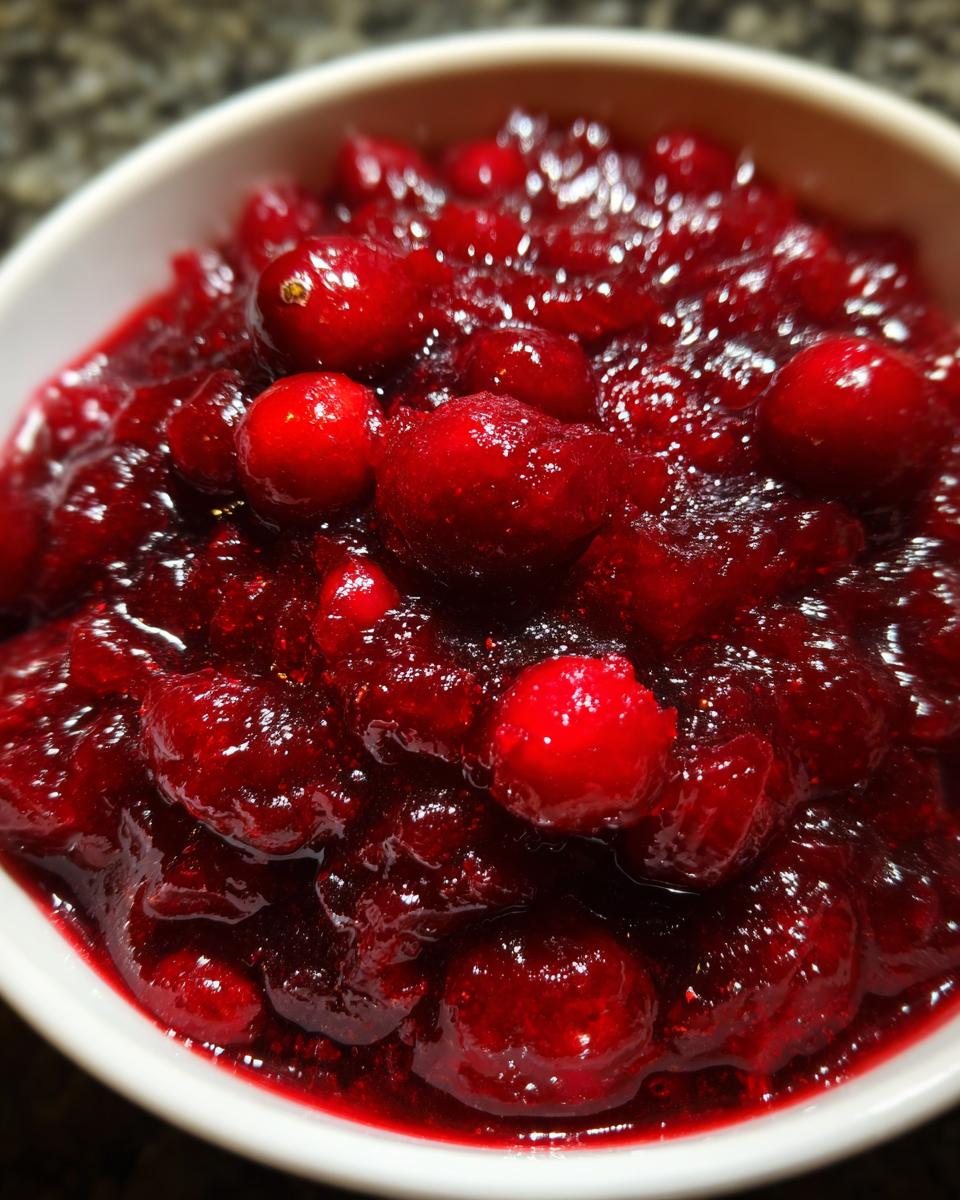 Close-up of bright red cranberry sauce in a white bowl, featuring whole cranberries.