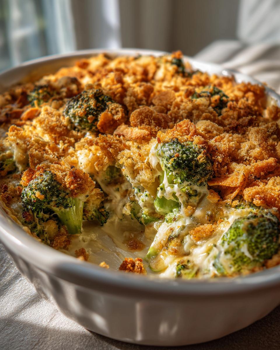 A close-up of a creamy, cheesy broccoli casserole topped with golden breadcrumbs in a white baking dish.