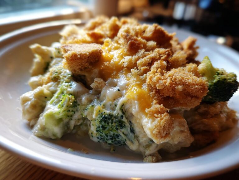 Close-up of a serving of creamy broccoli casserole topped with melted cheese and crunchy breadcrumbs.