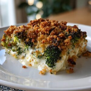 A close-up of a slice of broccoli casserole on a white plate, featuring tender broccoli florets in a creamy sauce and a golden-brown crispy topping.