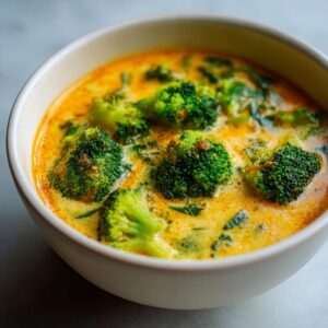 A close-up of a bowl filled with hearty broccoli cheese soup, featuring tender broccoli florets in a creamy, golden broth.