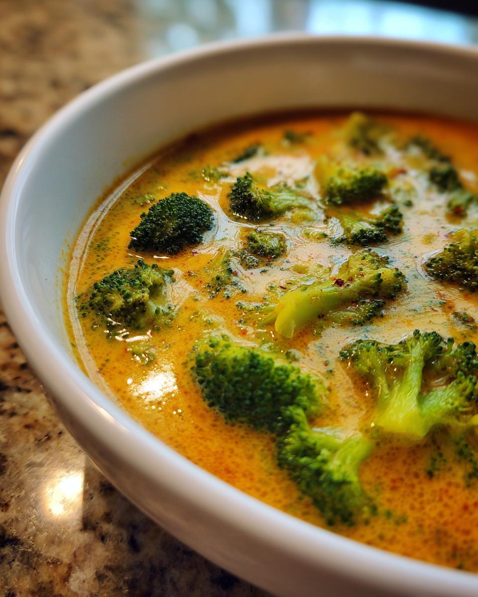 A close-up of a white bowl filled with creamy, golden Broccoli Cheese Soup with visible florets of broccoli.