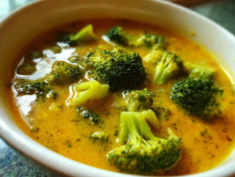 Close-up of a bowl of hearty broccoli cheese soup, featuring tender broccoli florets in a creamy, golden broth.