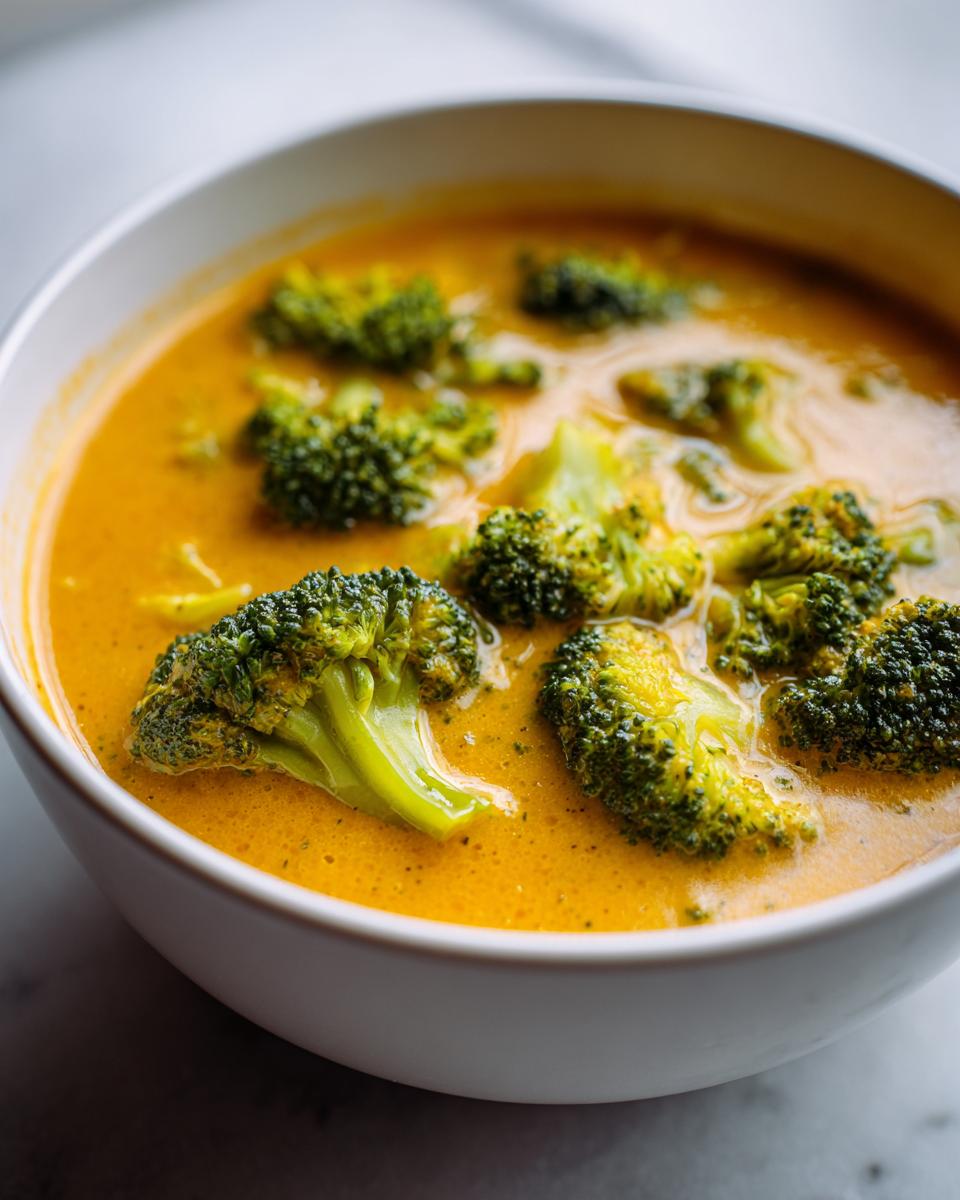 Close-up of a white bowl filled with creamy, orange-hued broccoli cheese soup, topped with vibrant green broccoli florets.