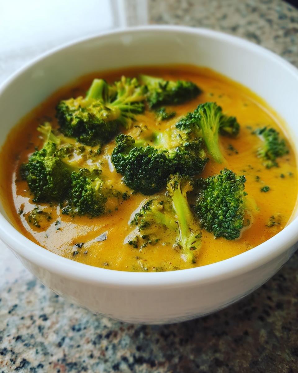 A close-up of a white bowl filled with hearty broccoli cheese soup, featuring vibrant green broccoli florets in a creamy, golden broth.