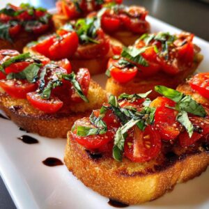 Close-up of fresh Bruschetta topped with halved cherry tomatoes, fresh basil, and a balsamic glaze.