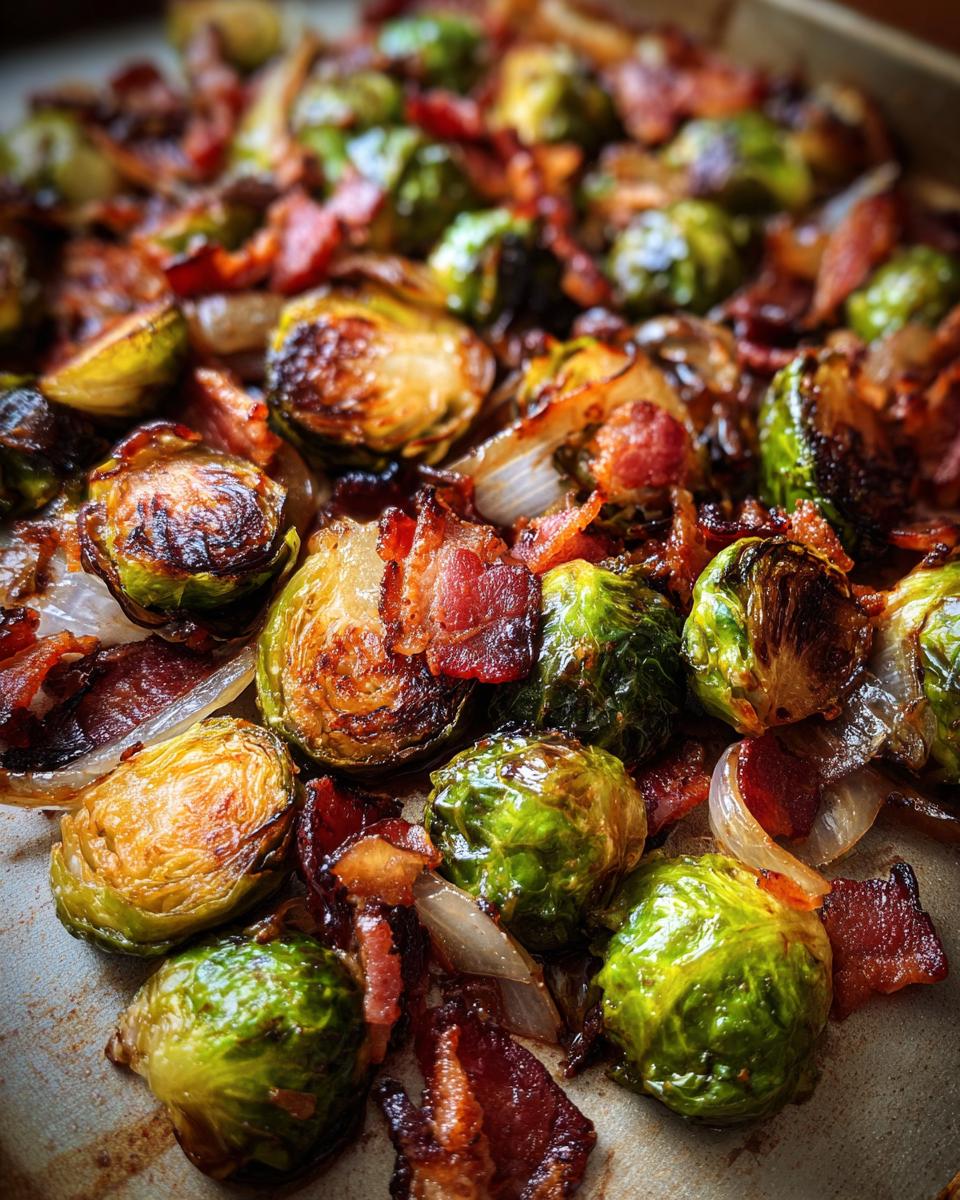 Close-up of roasted Brussels sprouts with crispy bacon and caramelized onions.