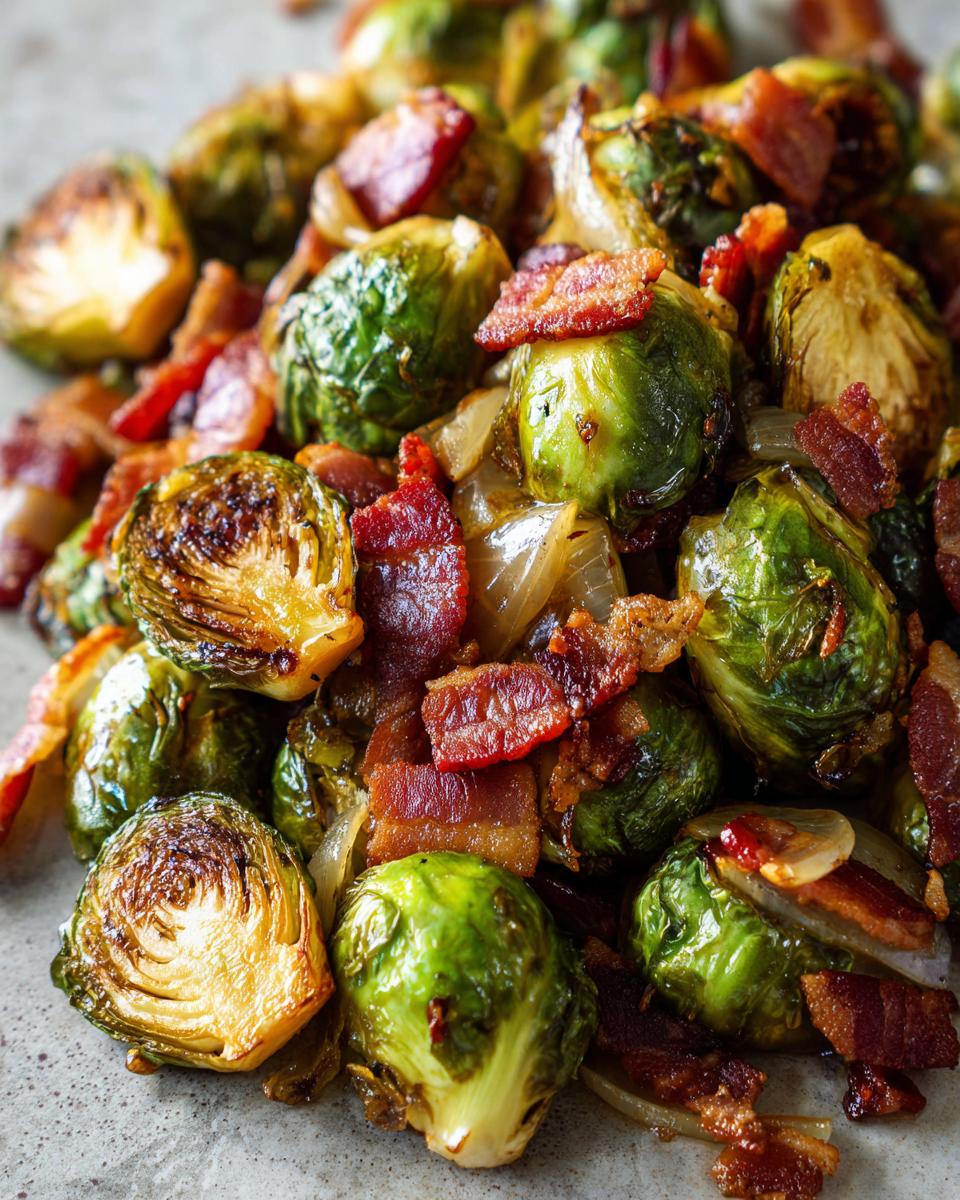 Close-up of roasted Brussels sprouts with crispy bacon and caramelized onions.